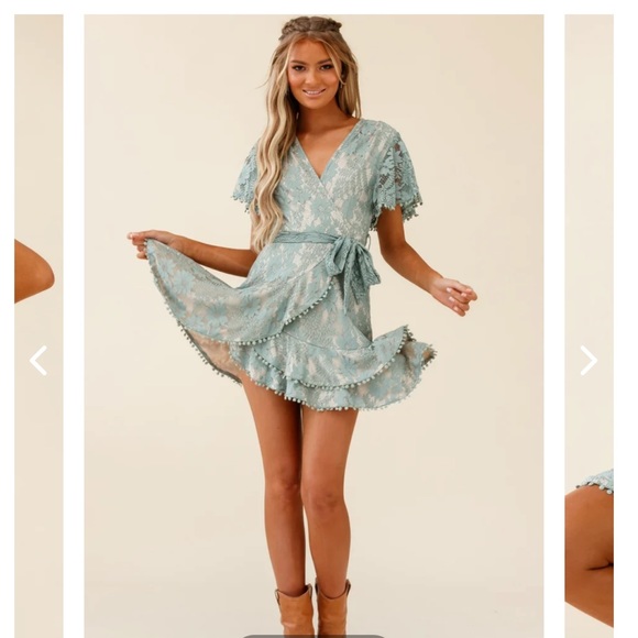 Selfie Leslie Dresses & Skirts - Selfie Leslie CAMI ANGEL SLEEVE FAUX WRAP DRESS SAGE WITH sage LINING